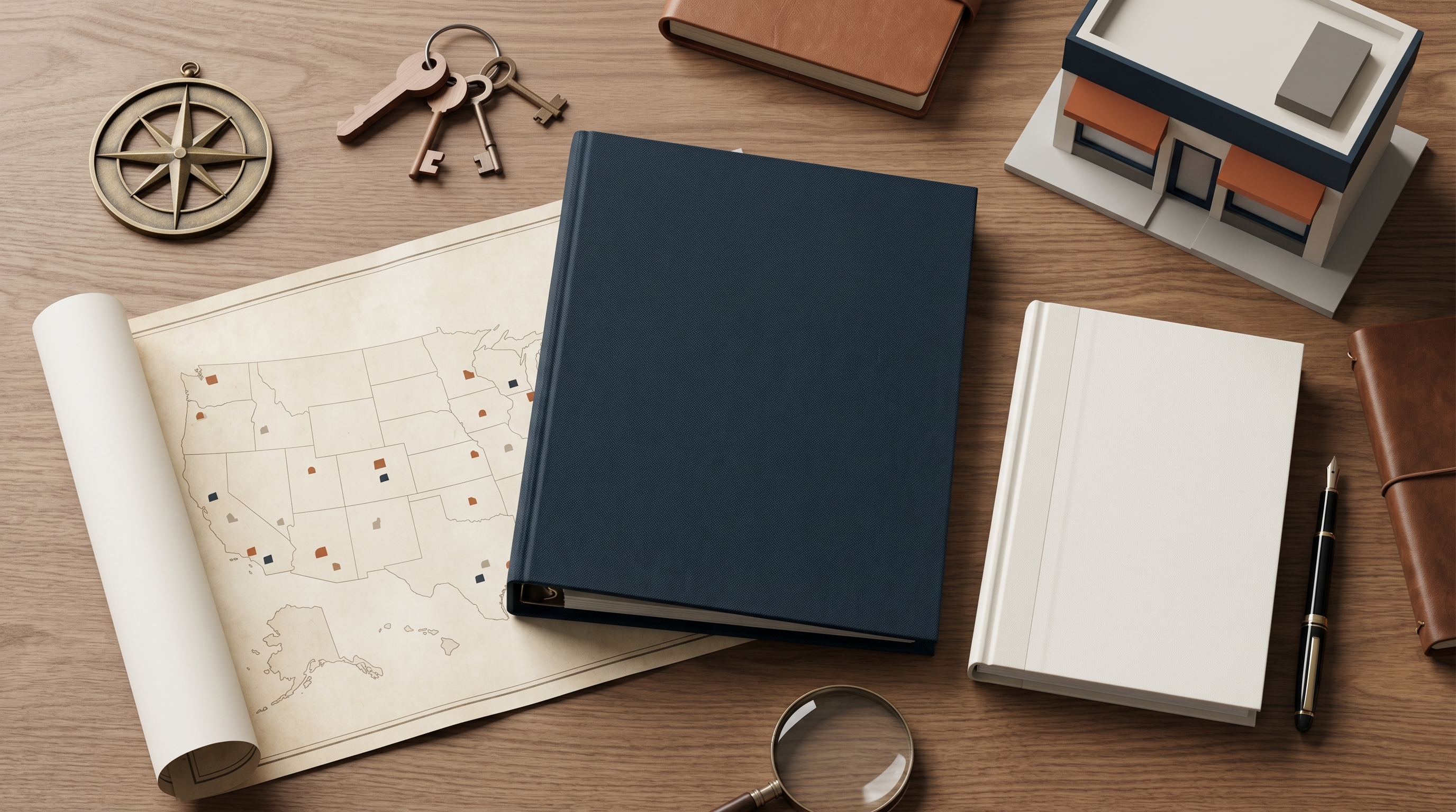 Editorial top-down still life of a franchise opportunity binder, US map, and operations handbook arranged on a wood desk under soft natural light.